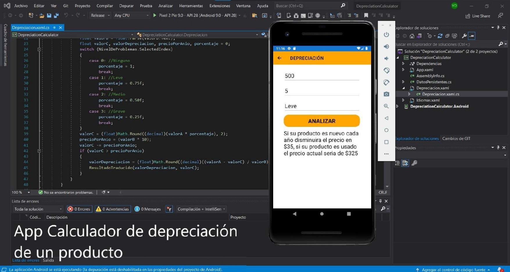 Calculador de depreciación de un producto